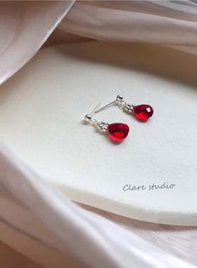 CLARE原创设计款人造水晶切面超闪水滴耳钉 本命年气质红色耳夹女