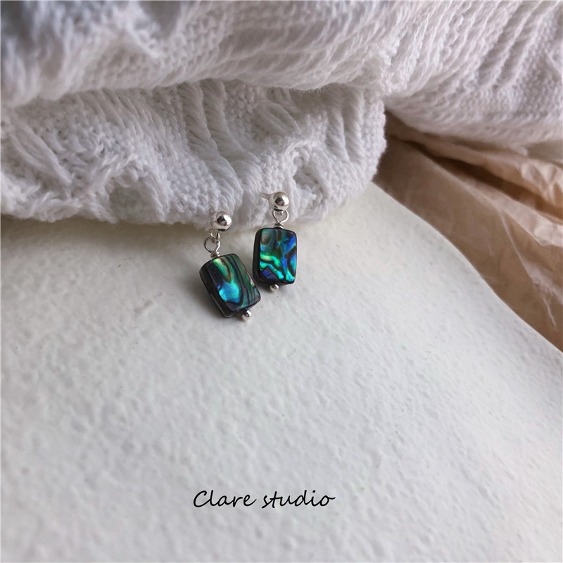 CLARE 天然鲍鱼贝精致几何长方形耳钉 纯银个性简约复古耳饰耳坠
