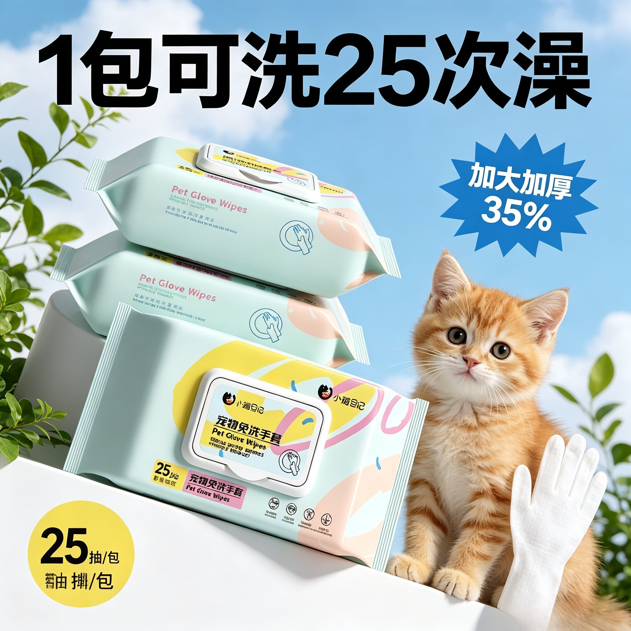猫狗免洗湿巾25片除臭清洁