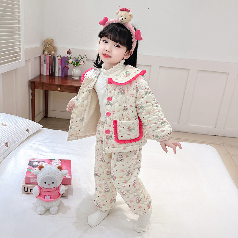 2女童睡衣3冬季三层加绒套装4女孩宝宝5冬款珊瑚绒6加厚家居服8岁