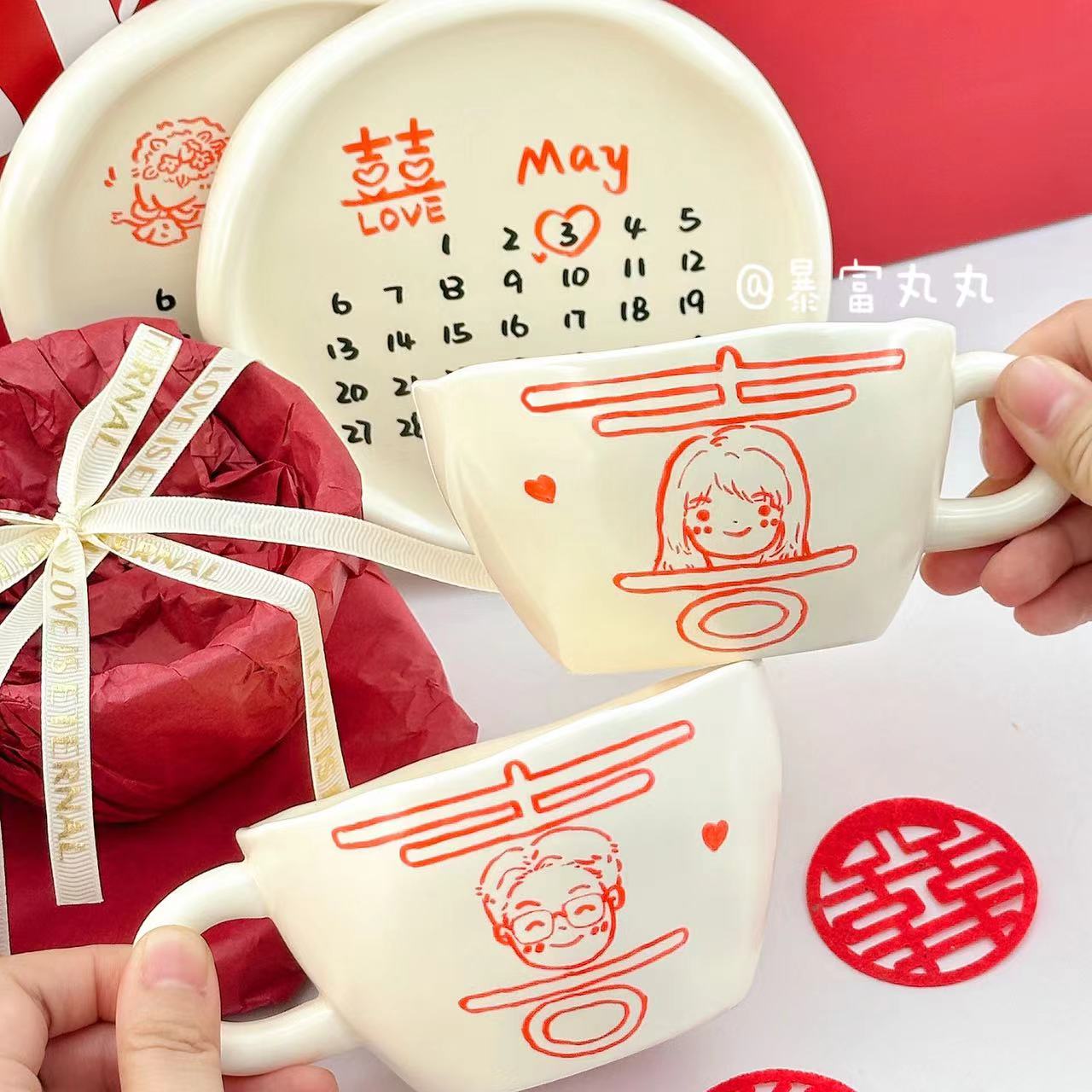 定制纯手绘双喜人像结婚礼物杯子