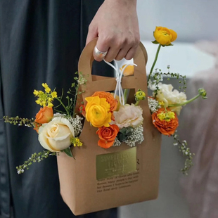 手提花篮插花小提篮花艺包装袋装花牛皮纸空盒手工diy鲜花礼品袋