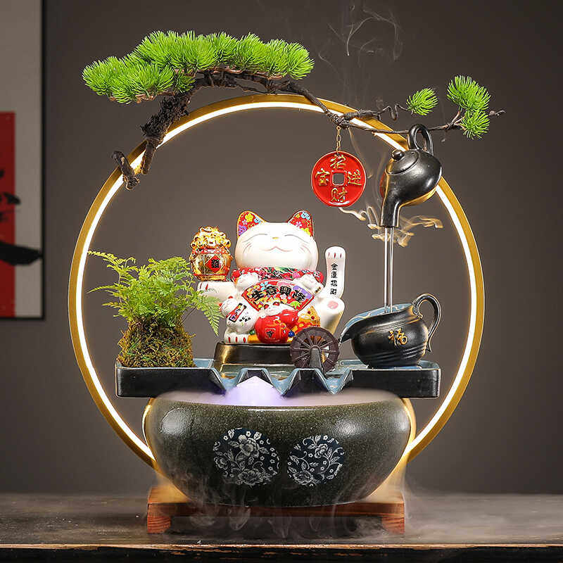创意悬壶招财猫流水摆件乔迁开业礼物家居客厅办公室轻奢装饰摆设
