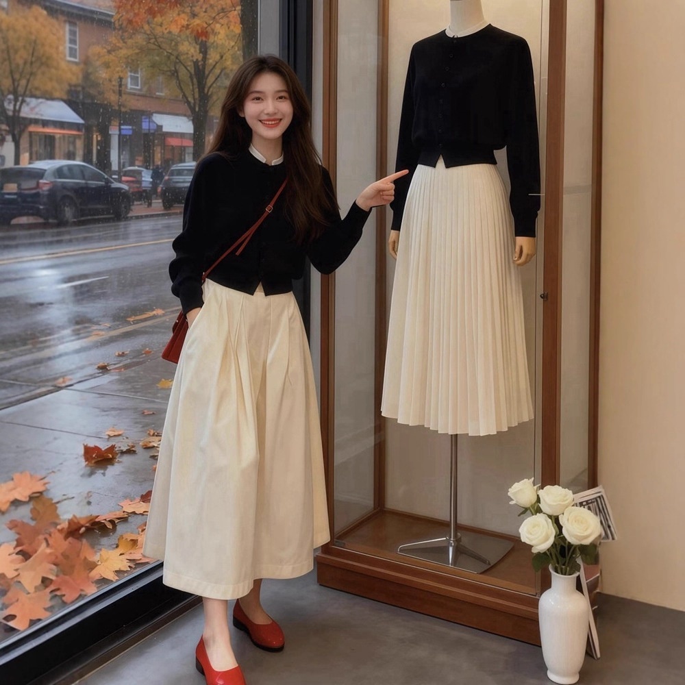 2025新款现货 巨好看的秋装一整套韩系气质黑色针织毛衣白色