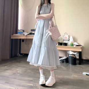 法式 海边度假气质长裙 温柔风蓝色挂脖吊带连衣裙子女夏季 2025新款
