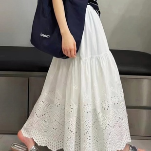 A字半身裙女 夏季 2025新款 法式 甜美减龄镂空蕾丝勾花松紧腰中长款