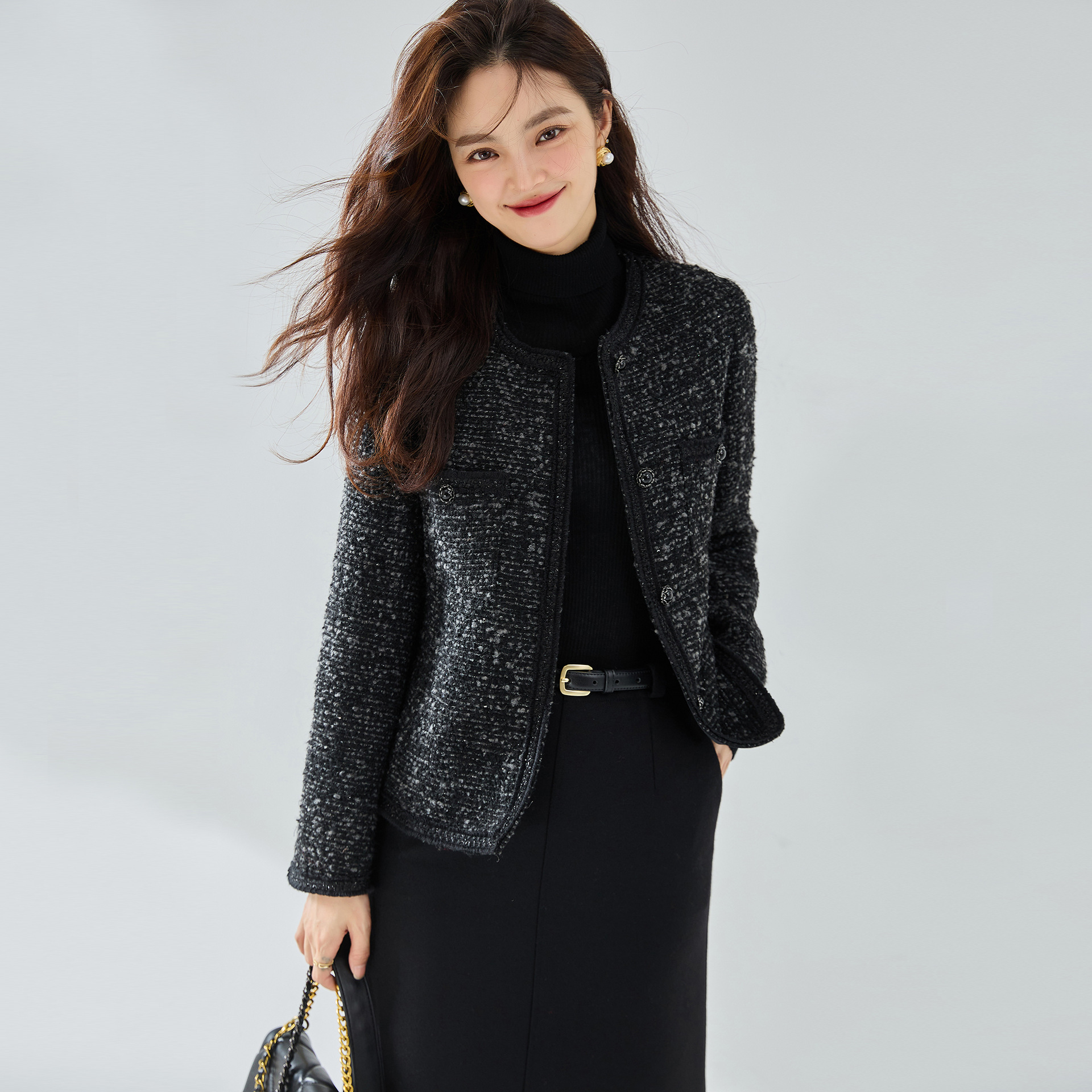 2025新款25秋经典大气黑色圈圈羊毛花呢小香外套手工镶边名媛