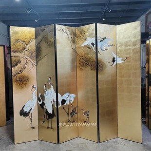 金箔屏风手绘松鹤荷花鹤中式 复古漆画隔断客厅玄关酒店办公室背景