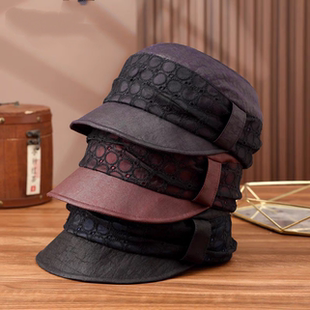 高级复古真丝龟纹香云纱鸭舌帽女蕾丝拼接桑蚕丝帽子防晒红云纱帽