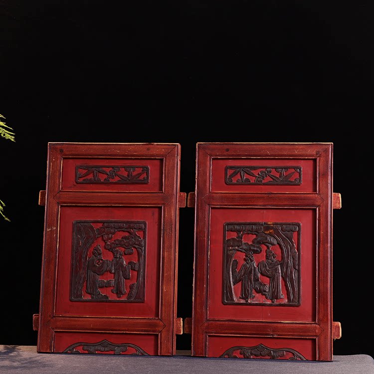 日月堂 民国老杉木花板一对 人物挂屏花明清木雕古董收藏老物件