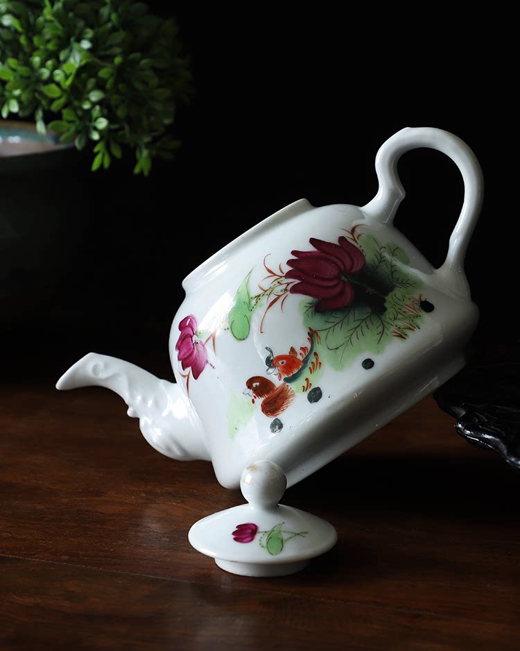 日月堂 民国老粉彩鸳鸯描金白瓷茶壶 带款古玩古董收藏老物件摆件