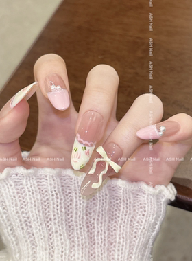 ASH/花田错  ins甜妹手工穿戴甲中长款花边碎花田园风奶黄蝴蝶结