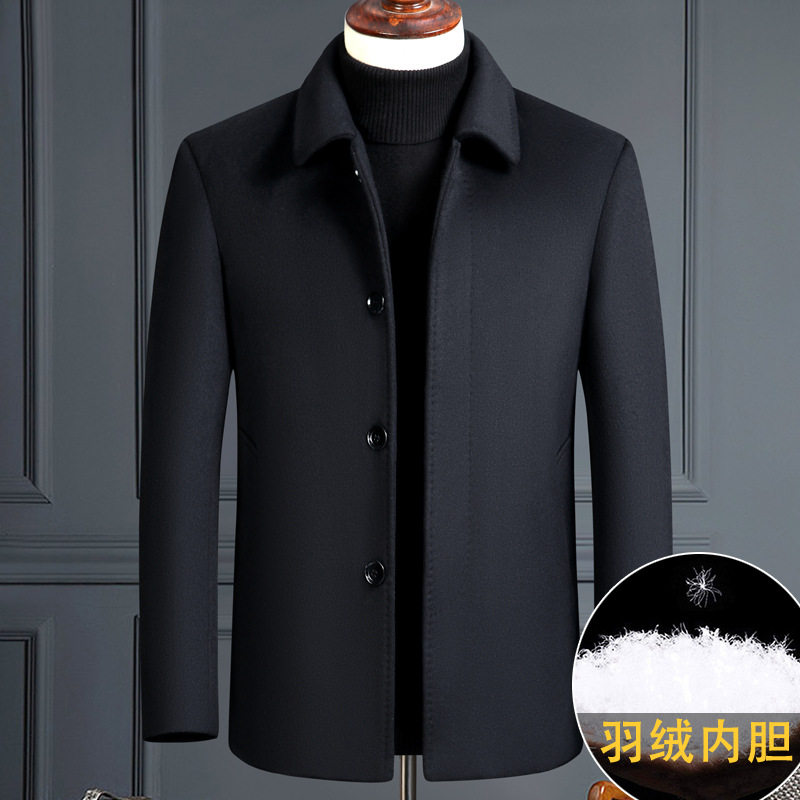 秋冬短款羊绒大衣男士羽绒内胆加厚中老年爸爸装羊毛呢夹克外套