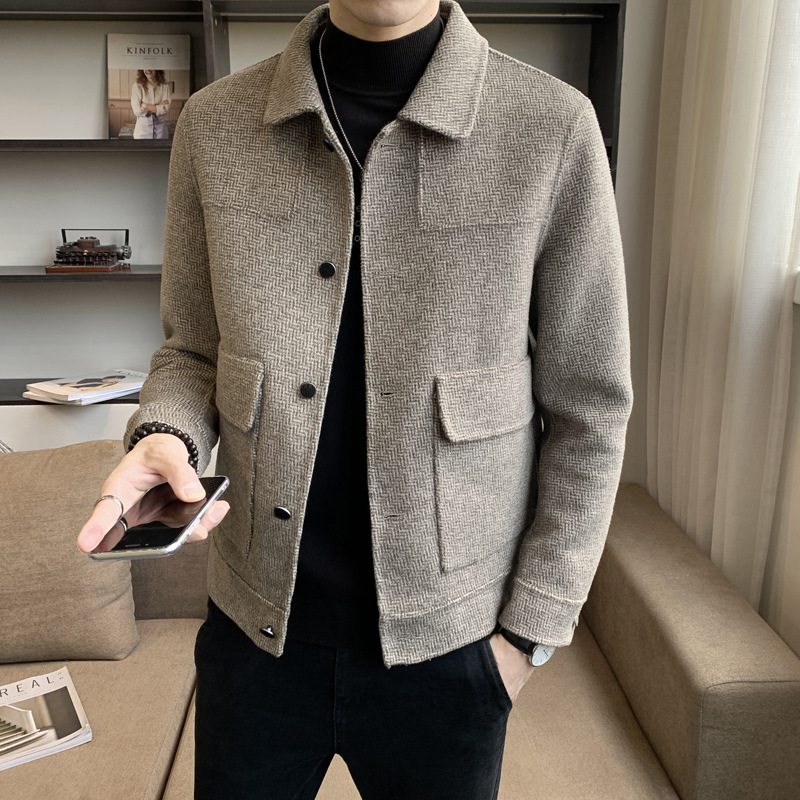 店主风2024秋冬纯手工短款双面羊绒大衣男士时尚夹克款双面呢外套