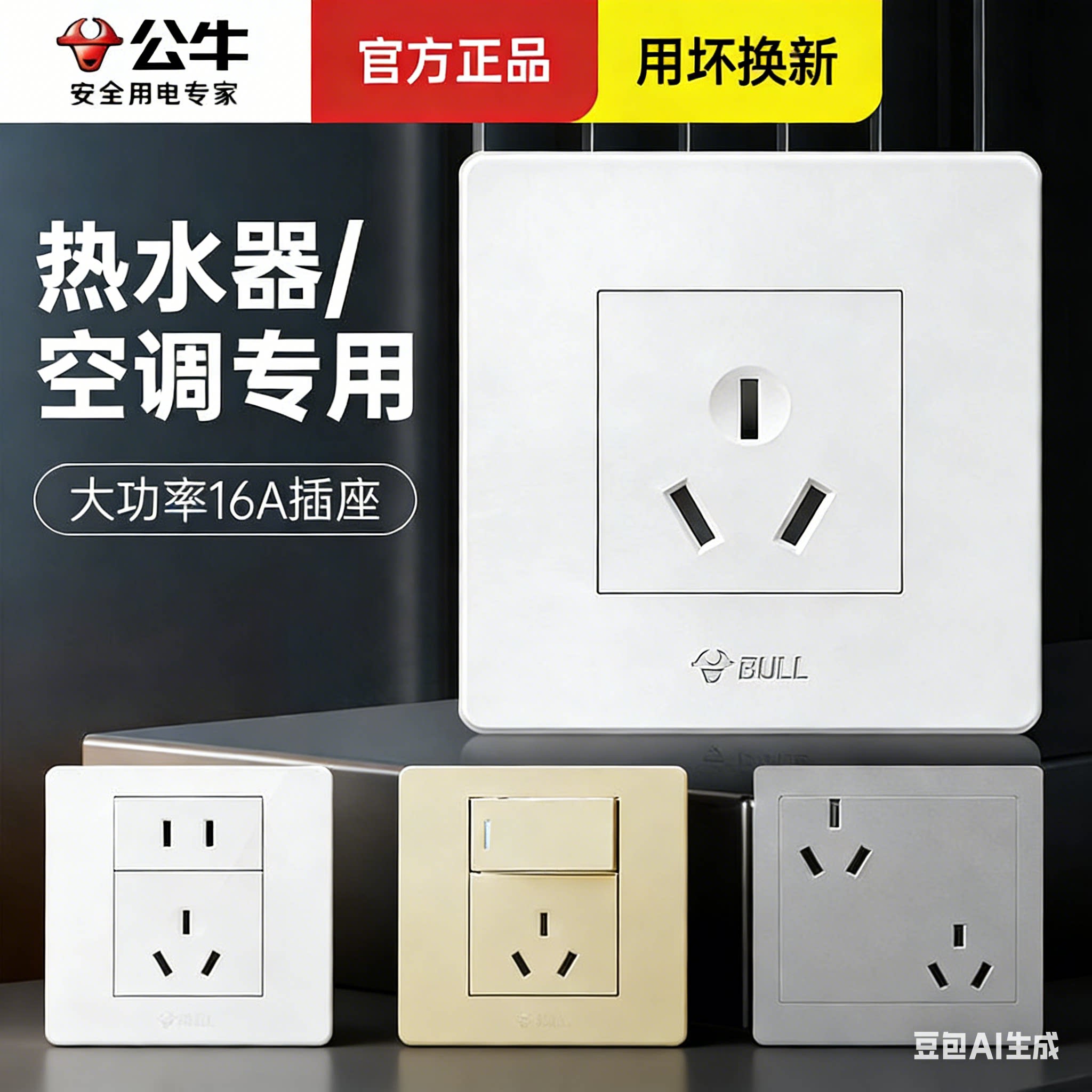 公牛三孔16A空调插座热水器暗装3眼五孔烤箱专用大功率面板带开关