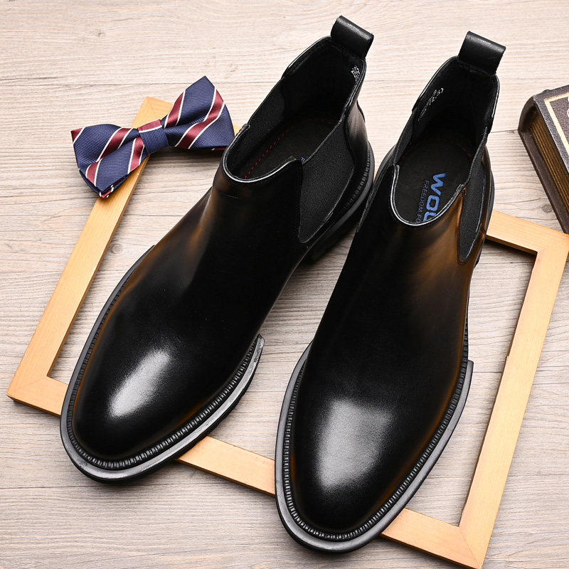 CHELSEA BOOTS MENS TRENDY BRITISH LEATHER CARGO BOOTS SHORT ELASTICATED BOOTS SMALL ROUND TOE VELVET WARM COTTON BOOTS