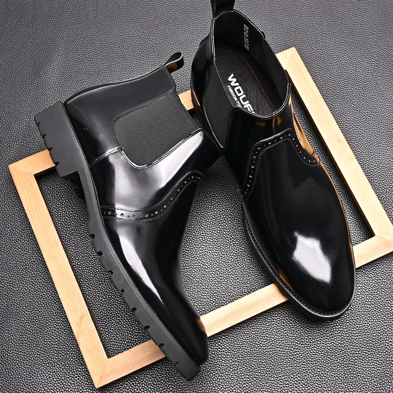 2022 NEW FALL|WINTER BRITISH SHINY LEATHER CHELSEA BOOTS ELASTIC SHORT BOOTS TRENDY MENS SHORT BOOTS SOFT SOLE