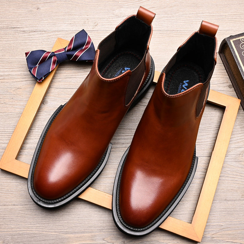 CHELSEA BOOTS MENS TRENDY BRITISH LEATHER CARGO BOOTS SHORT ELASTICATED BOOTS SMALL ROUND TOE VELVET WARM COTTON BOOTS