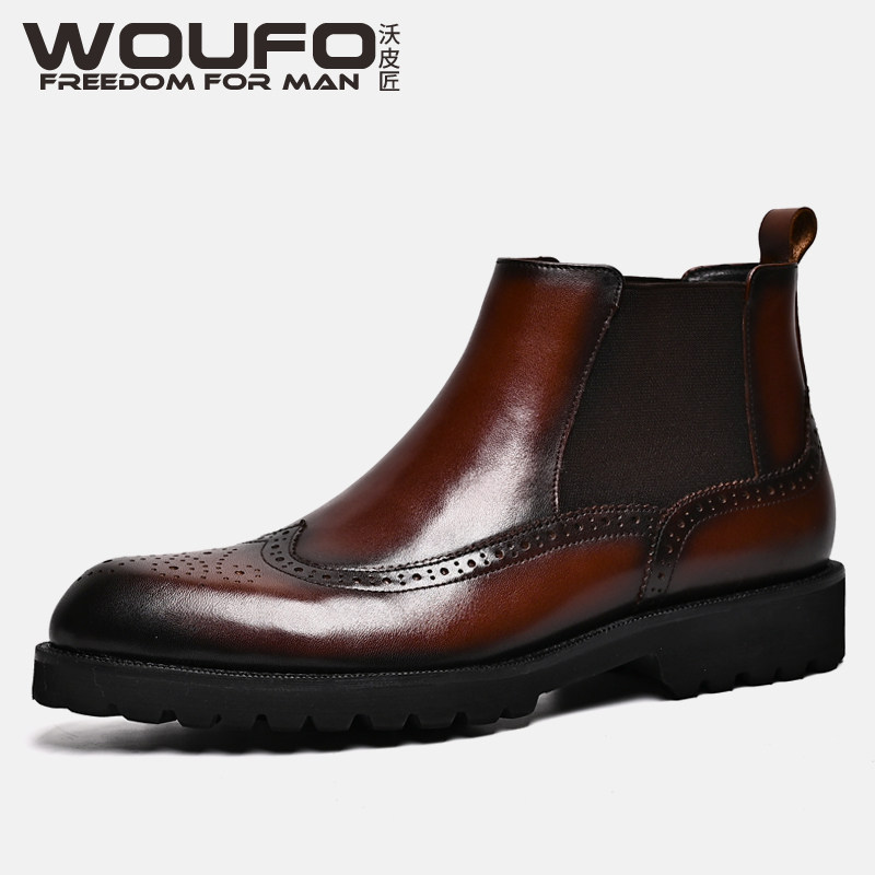 AUTUMN AND WINTER NEW TOP COWHIDE CHELSEA BOOTS BRITISH FASHION MENS CARVED BROGUE BOOTS HIGH-TOP LEATHER SHOES