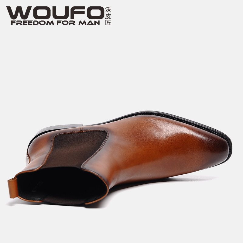 WOUFO2020 NEW CHELSEA BOOTS MENS TRENDY YOUTH BRITISH POINTED TOE GENUINE LEATHER RETRO SLEEVE COWHIDE BOOTS