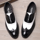 复古雕花布洛克尖头皮鞋 男士 黑白色漆皮商务正装 新款 结婚皮鞋 透气