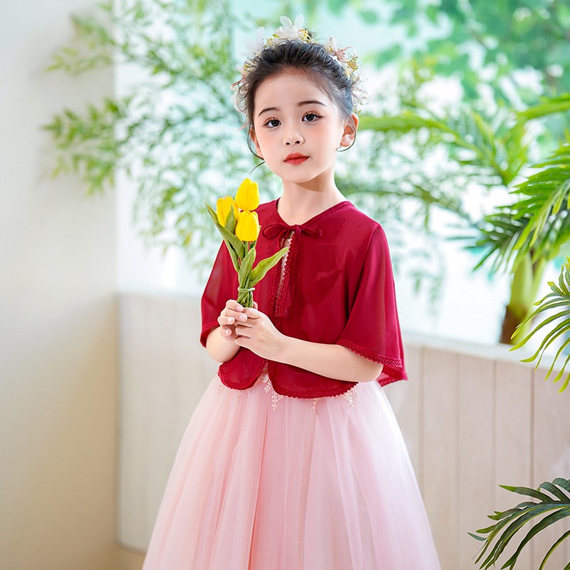 儿童雪纺披肩系带花边防晒公主裙小女孩外出披肩花童婚纱外套薄款