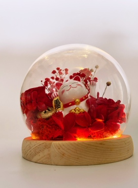 招财猫永生花diy手工水晶球玻璃罩小夜灯生日礼物亲子活动团建