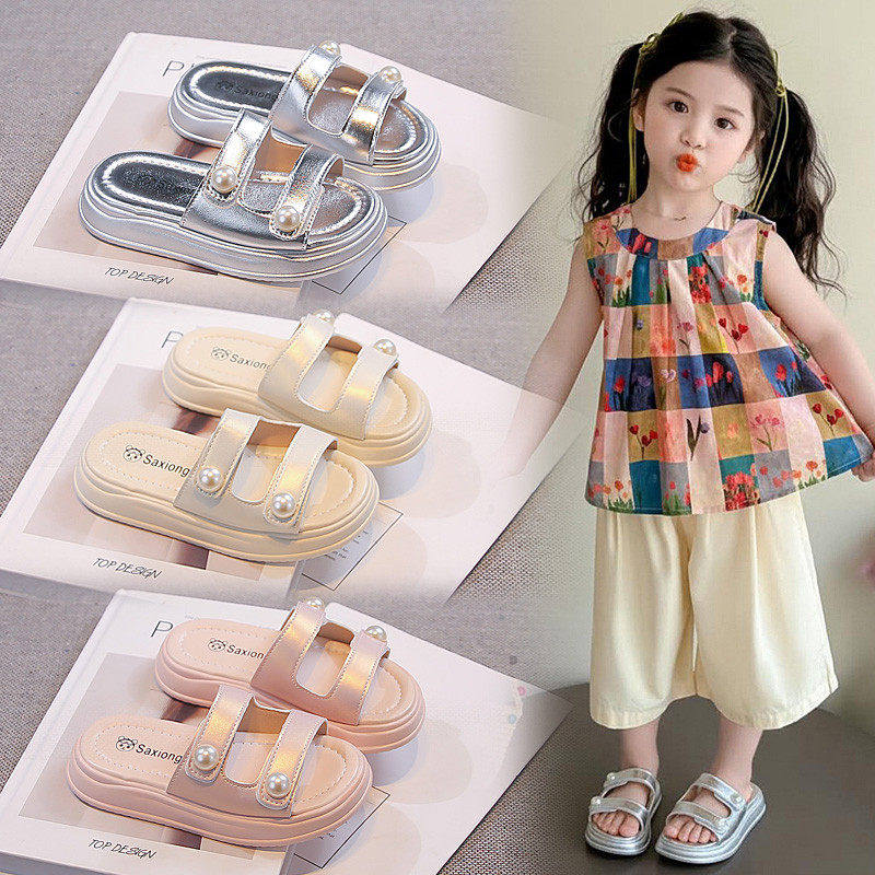 真皮女童凉拖鞋2026新款夏季软底防滑沙滩凉鞋珍珠时尚百搭公主鞋