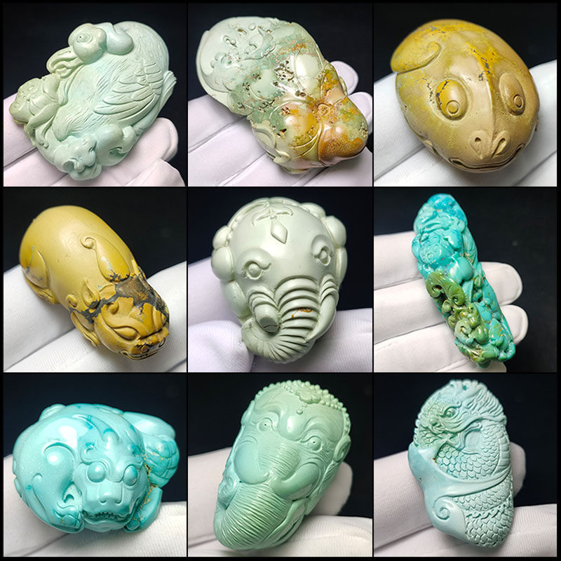 绿松石原矿原石苏工雕刻雕件吊坠保真无胶无蜡纯天然无优化把件