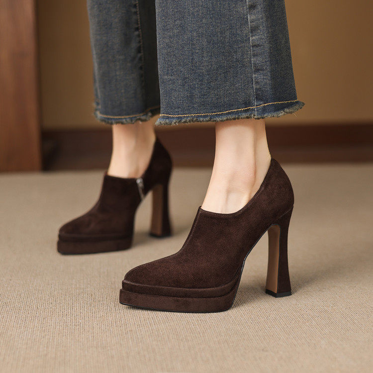 超高跟细跟防水台深口侧拉链一脚蹬2026单鞋真皮羊反皮小皮鞋,女鞋,深口单鞋,淘宝优惠券,粉丝福利购,淘宝优惠卷