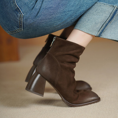 法式复古粗跟高跟短靴女2025新款冬季真皮方头瘦瘦靴马丁靴子
