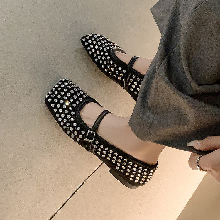 名媛风小羊皮法式镂空水钻一字扣带玛丽珍鞋通勤平底黑色女单鞋子,女鞋,浅口单鞋,淘宝优惠券,粉丝福利购,淘宝优惠卷