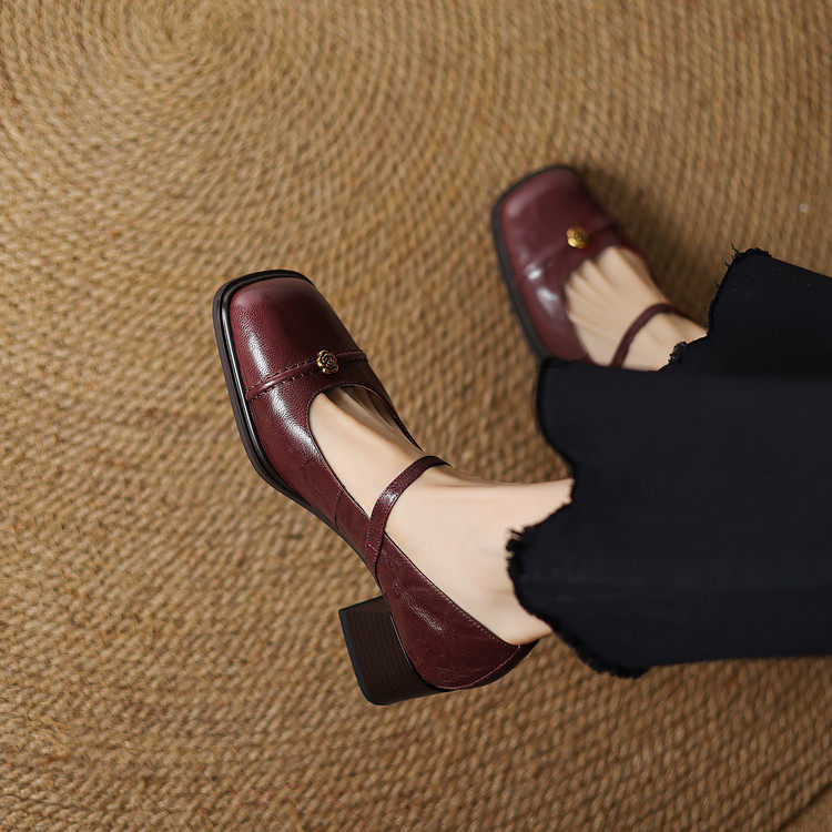 法式复古山茶花玛丽珍鞋女2026春季真皮浅口高跟粗跟单鞋皮鞋,女鞋,深口单鞋,淘宝优惠券,粉丝福利购,淘宝优惠卷