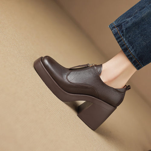 真皮前拉链深口单鞋女英伦风小皮鞋方头粗跟高跟鞋乐福鞋羊皮百搭