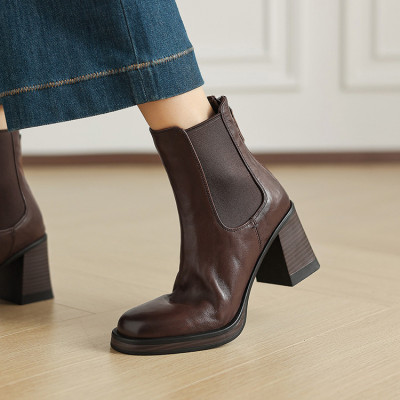 头层牛皮女士高跟短靴子2025新款巨好看粗跟真皮短筒切尔西靴