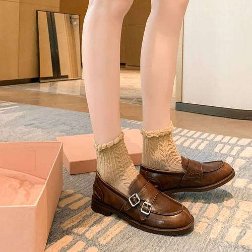 真皮复古棕色圆头小皮鞋女2025新款英伦风一脚蹬乐福鞋单鞋子