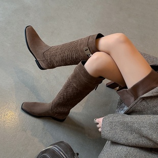 方头粗跟编织拼接不过膝磨砂皮长筒靴2025秋皮带扣女骑士靴靴