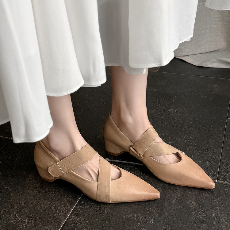 尖头2026年春季新款浅口单鞋简约风杏色日常交叉带真皮女鞋子,女鞋,浅口单鞋,淘宝优惠券,粉丝福利购,淘宝优惠卷