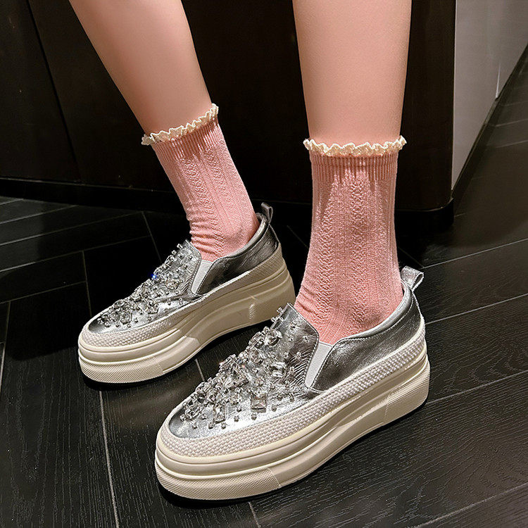 厚底乐福鞋女真皮圆头懒人松糕鞋春季水钻一脚蹬坡跟高跟金色单鞋,女鞋,深口单鞋,淘宝优惠券,粉丝福利购,淘宝优惠卷