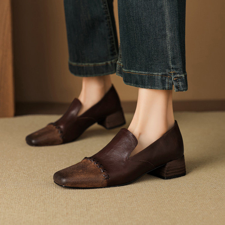 英伦风棕色乐福鞋真皮拼色深口单鞋2026复古小皮鞋一脚蹬女鞋,女鞋,深口单鞋,淘宝优惠券,粉丝福利购,淘宝优惠卷