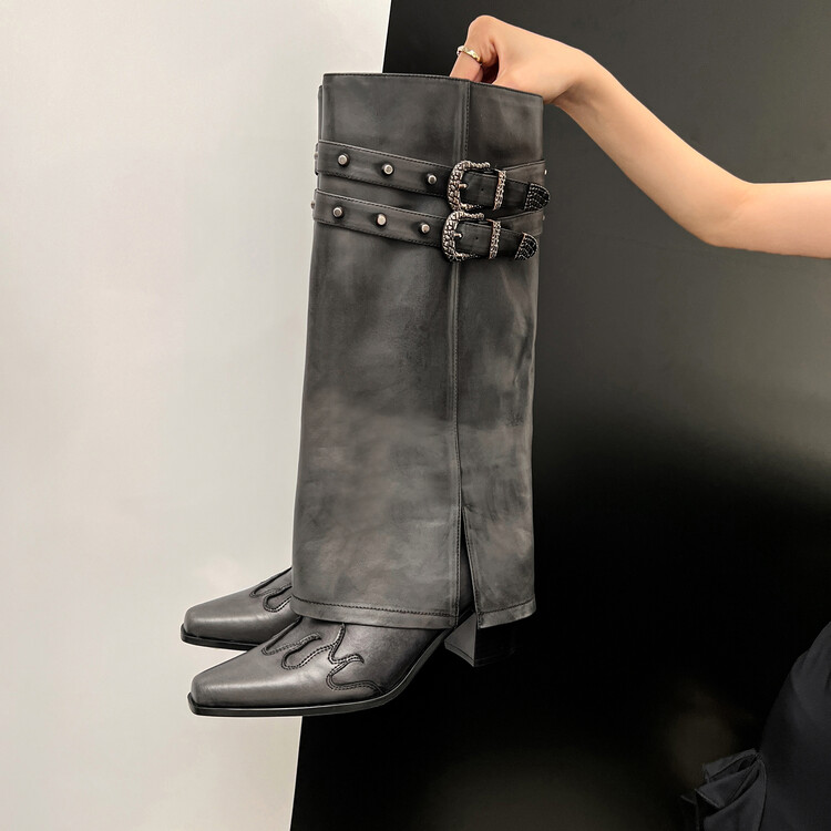 真皮粗跟高跟长靴女方头裤管靴2023新款铆钉高筒骑士靴长筒靴