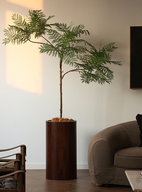 形上实木桶仿真蓝花楹落地摆件