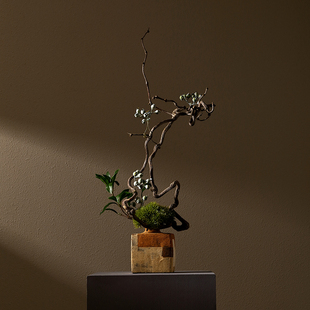 形上仿真花日式粗陶艺术小方瓶陶瓷插花器茶室客厅摆件乔迁装饰