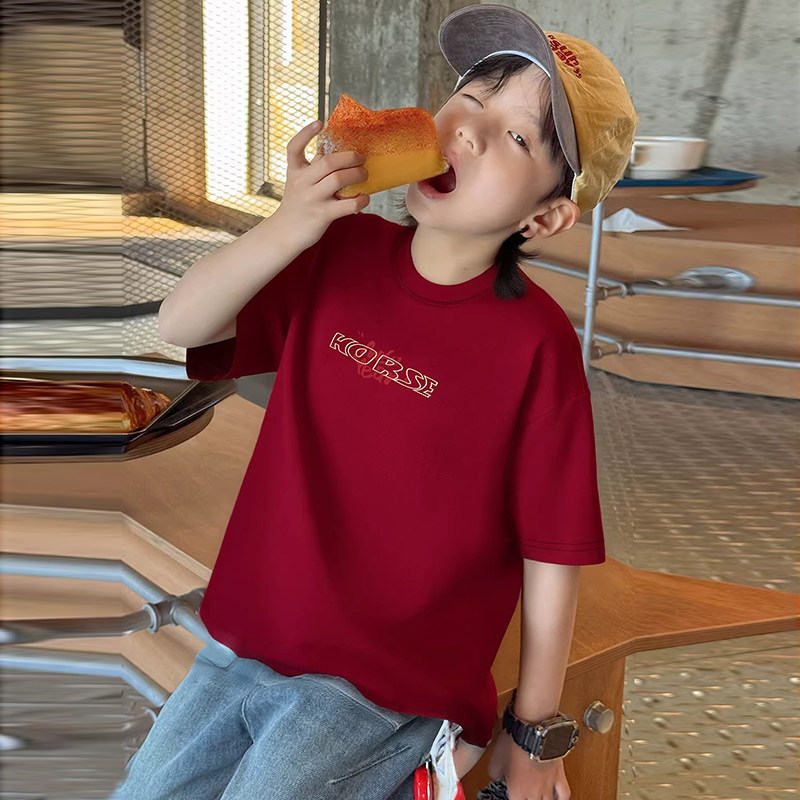 韩版纯棉短袖T恤男女童圆领休闲宽松落肩袖红色纯棉上衣2026新款
