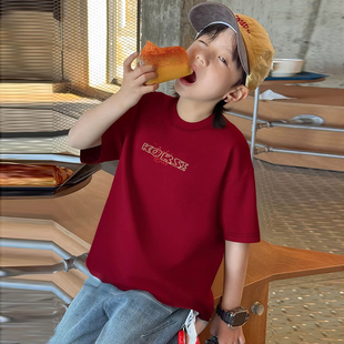 韩版纯棉短袖T恤男女童圆领休闲宽松落肩袖红色纯棉上衣2026新款