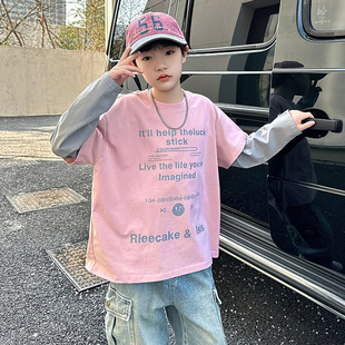 儿童纯棉假两件长袖T恤春秋季新款男童洋气休闲上衣英文百搭t上衣