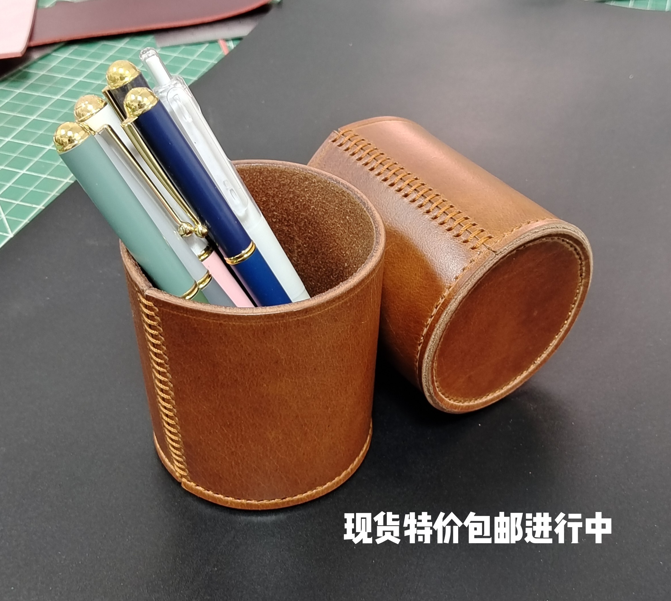 手工真皮笔筒复古头层牛皮桌面收纳桶