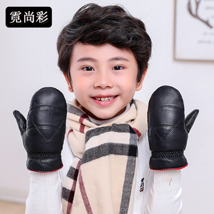 儿童小羊皮手套宝宝秋冬季男童连指加厚保暖滑冰玩雪女童可爱防水