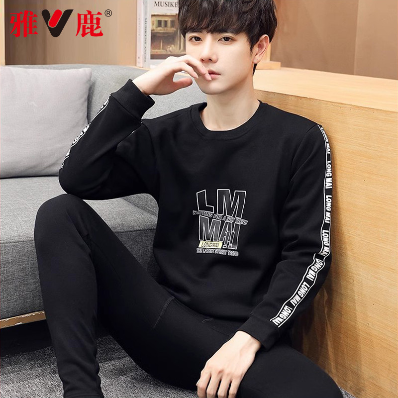 雅鹿冬季男士保暖内衣加绒加厚打底时尚青年韩版印花秋衣秋裤AP