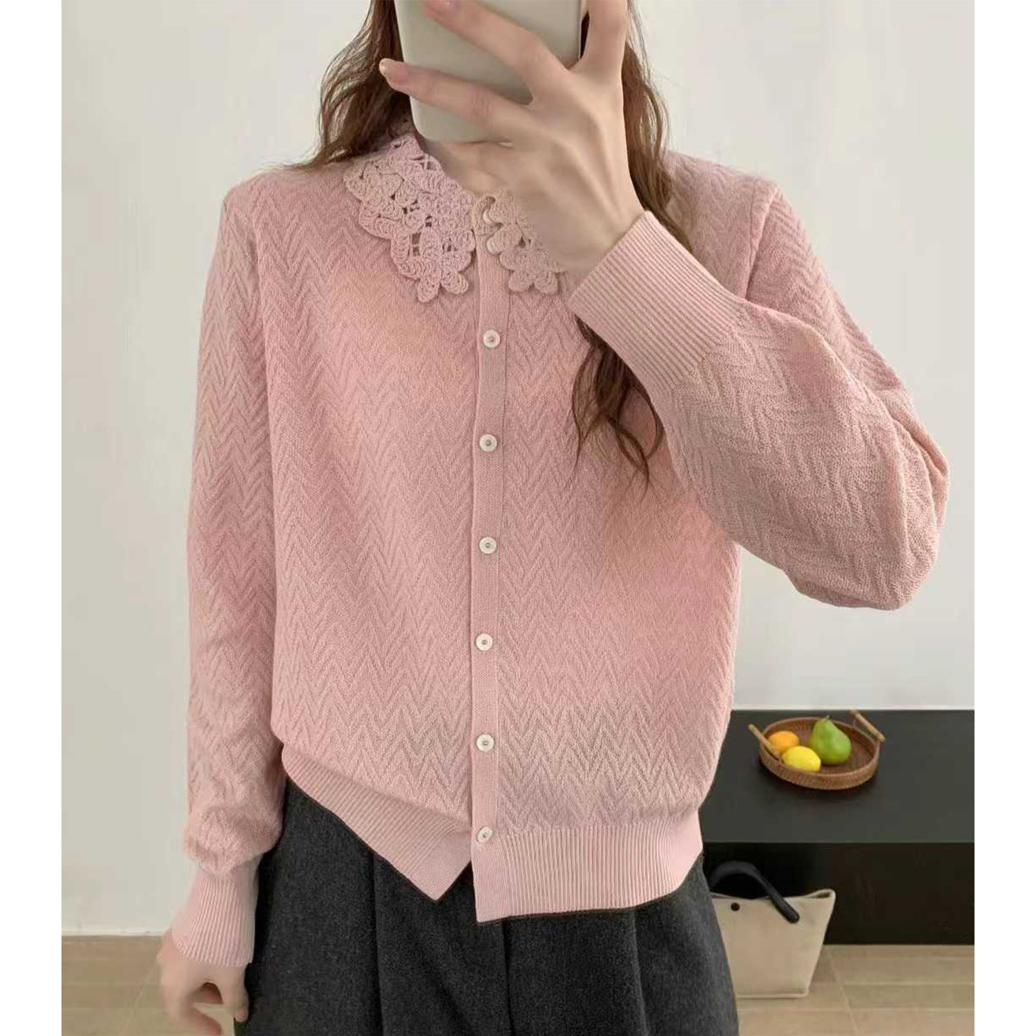 商场春款简约优雅翻领针织开衫通勤羊毛衫纽扣修身韩版上衣女外套